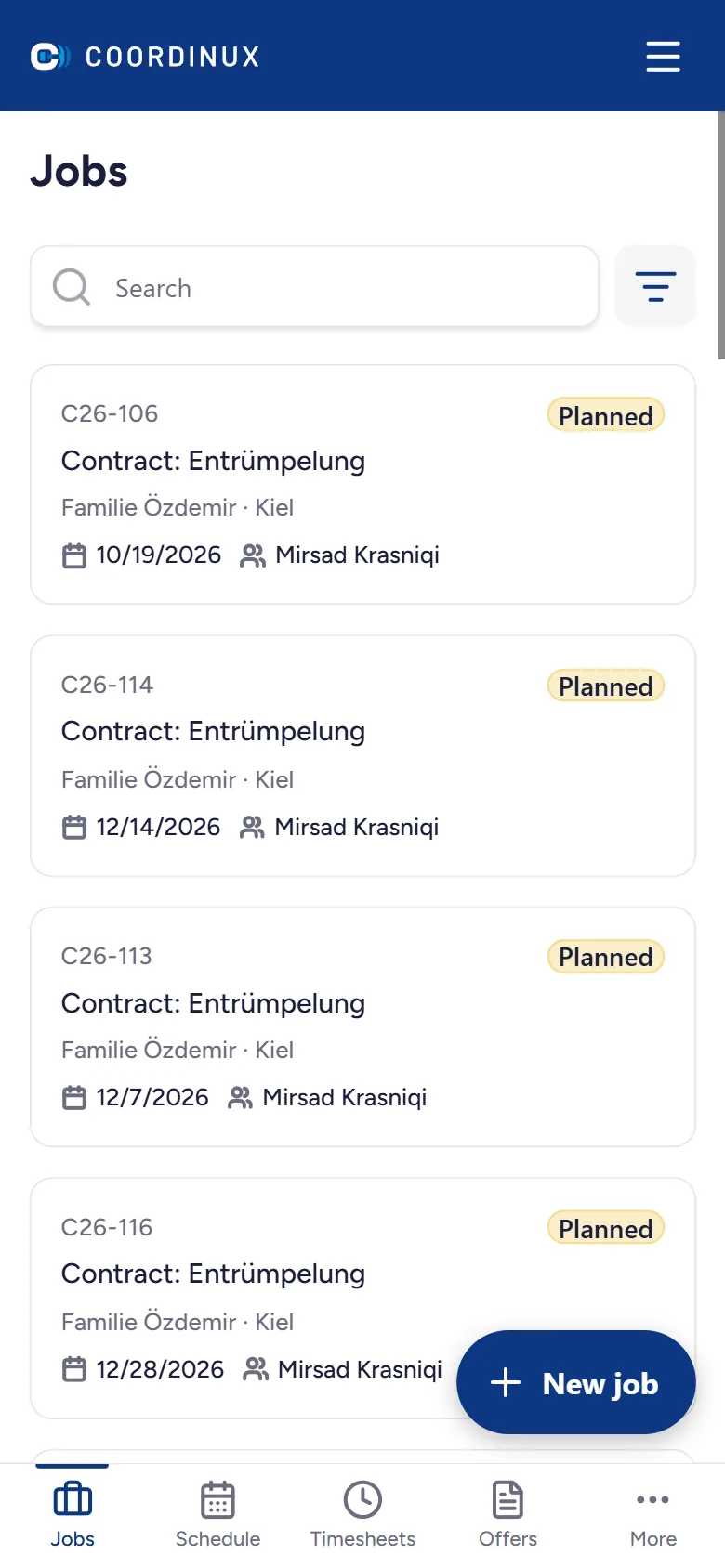 Coordinux jobs list with planned jobs and assigned staff