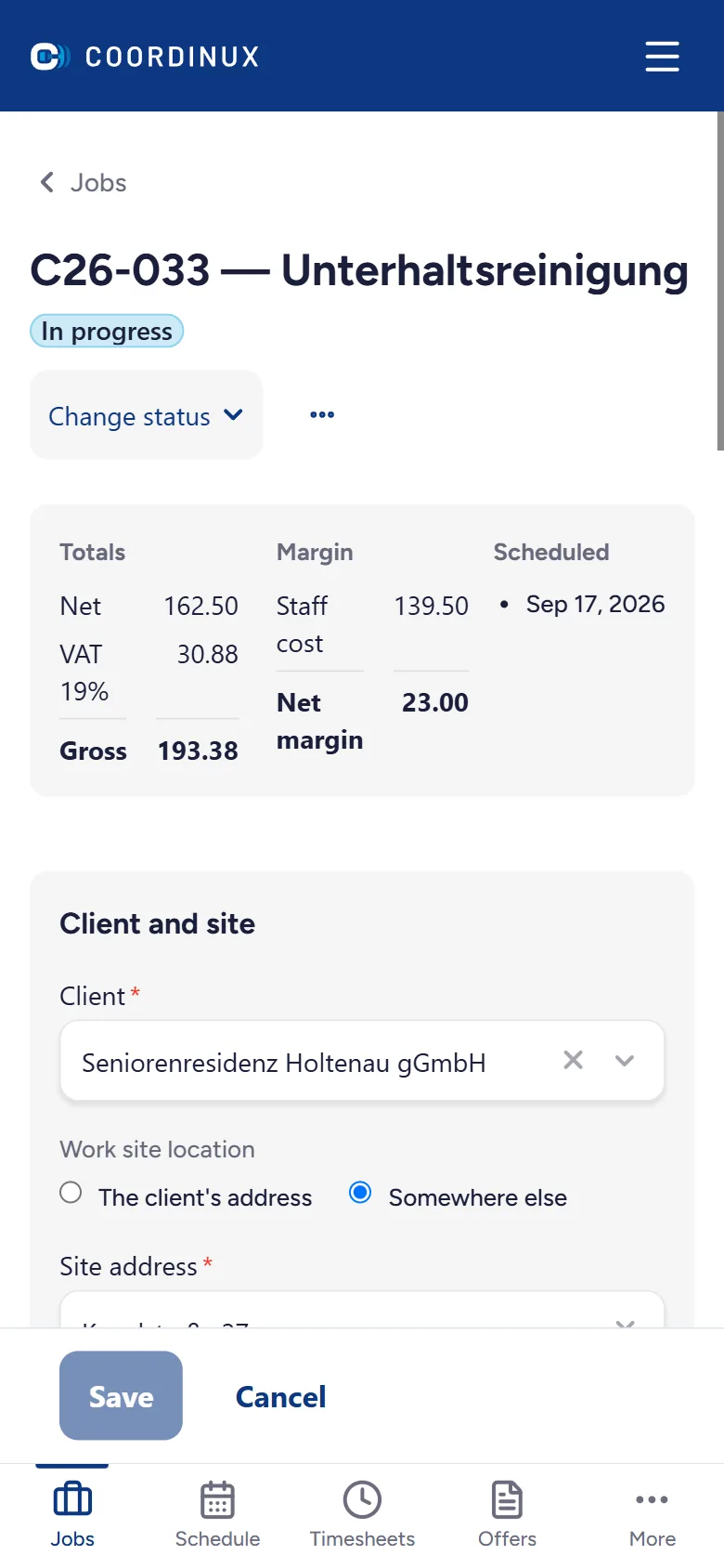 Coordinux job details with totals, margin and the client's site