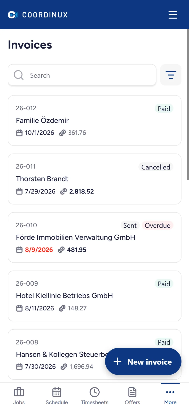 Coordinux invoices list with paid, sent and overdue invoices